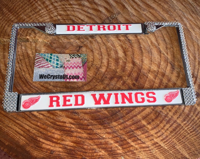 Red Wings Detroit Sport Silver Frame Crystal Sparkle Auto Bling Rhinestone License Plate Frame with Swarovski Elements Made by WeCrystalIt
