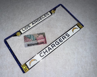 Los Angeles Chargers Football License Crystal Sport Silver Frame Sparkle Auto Bling Rhinestone Plate Frame with Swarovski Elements