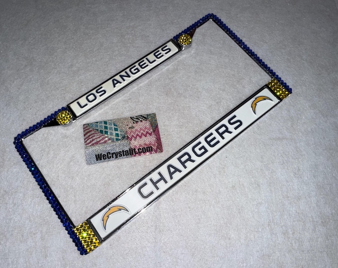 Los Angeles Chargers Football License Crystal Sport Silver Frame Sparkle Auto Bling Rhinestone Plate Frame with Swarovski Elements