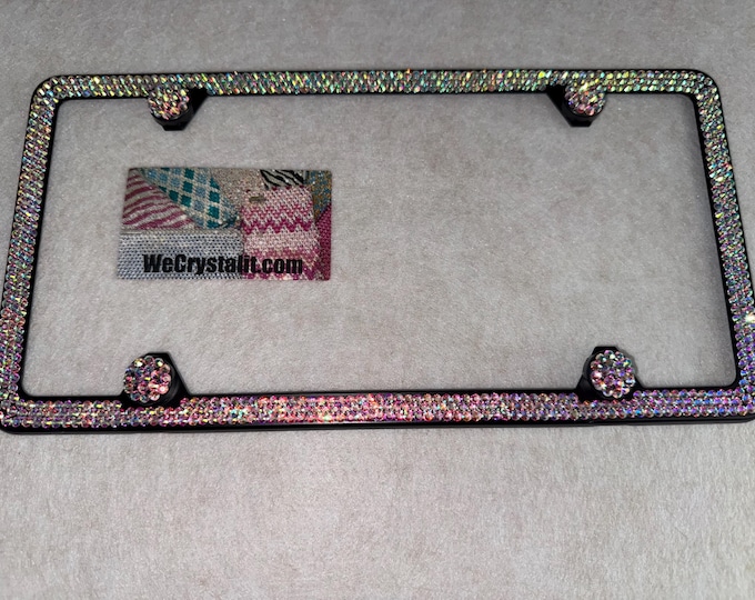AB on Black Frame 3 Row Crystal Sparkle Auto Bling Rhinestone License Plate Frame with Swarovski Elements Made by WeCrystalIt