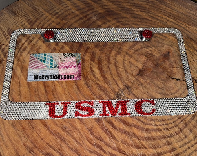 USMC Black and Red Crystal Sparkle Auto Bling Rhinestone  License Plate Frame with Swarovski Elements Made by WeCrystalIt