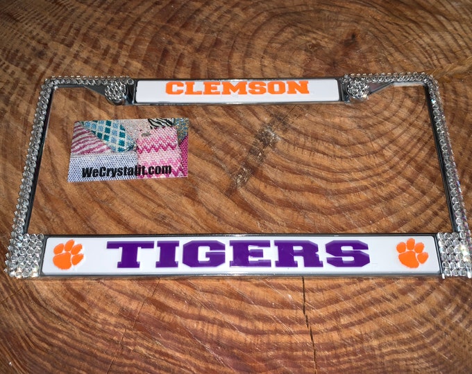 Clemson Tigers Sport on Silver Frame Crystal Sparkle Auto Bling Rhinestone License Plate Frame with Swarovski Elements by WeCrys