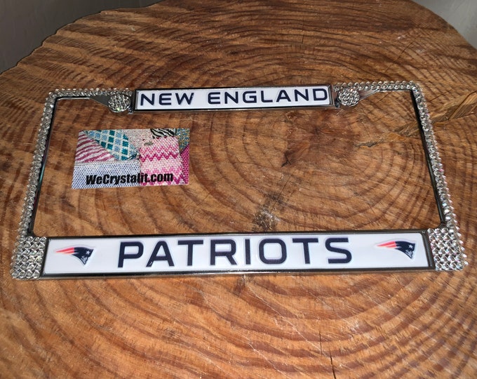 New England Patriots License Crystal Sport on Silver Frame Sparkle Auto Bling Rhinestone  Plate Frame Swarovski Elements Made by WeCrystalIt