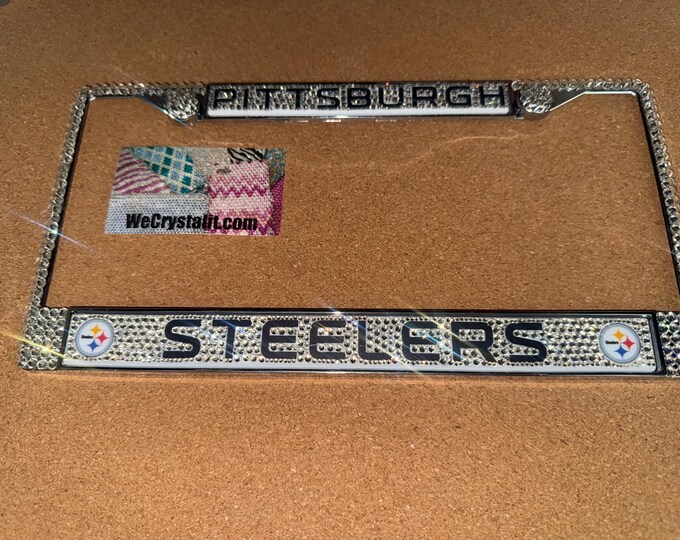 Pittsburgh Steelers Football License Crystal Sport on Silver Frame Sparkle Auto Bling Rhinestone Plate Frame with Swarovski Element