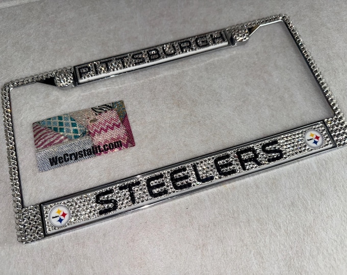 Pittsburgh Steelers Football License Crystal Sport on Silver Frame Sparkle Auto Bling Rhinestone Plate Frame with Swarovski Element