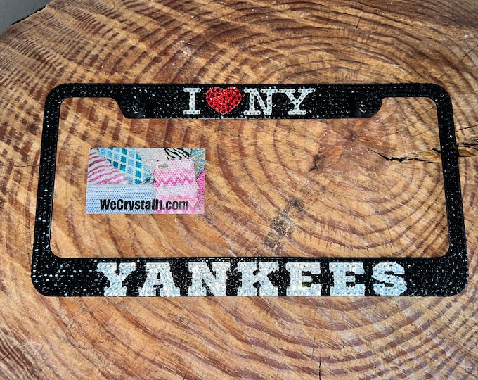 I love New York Yankees Black Crystal Sparkle Baseball Bling Rhinestone  License Plate Frame with Swarovski Elements Made by WeCrystalIt