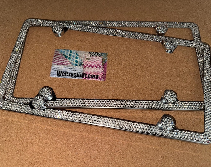Set 2  Clear on Silver Frame 3 Row Crystal Sparkle Auto Bling Rhinestone License Plate Frame with Swarovski Elements Made by WeCrystalIt
