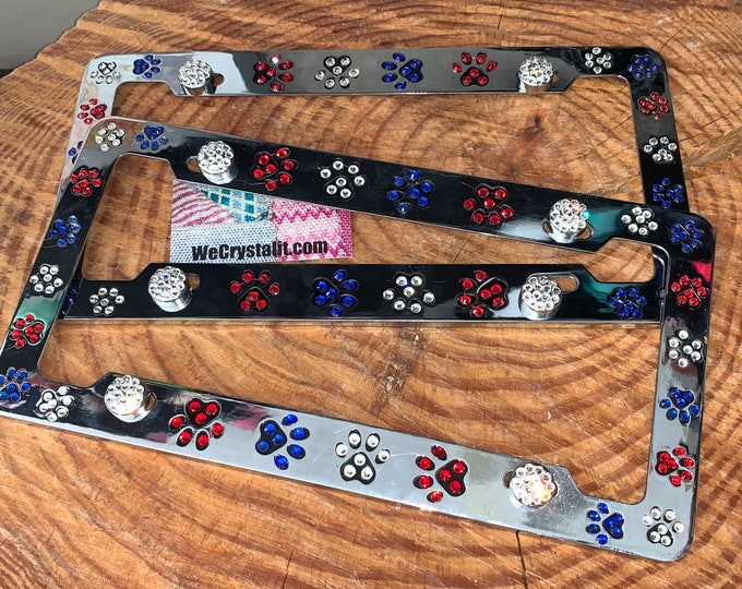 Dog Puppy Paws set 2 America Flag Crystal Sparkle Auto Bling Rhinestone License Plate Frame with Swarovski Elements Made by WeCrystalIt