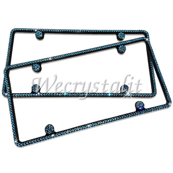 Set 2 Aquamarine Black Frame 1 Row Crystal Sparkle Auto Bling Rhinestone License Plate Frame with Swarovski Elements Made by WeCrystalIt