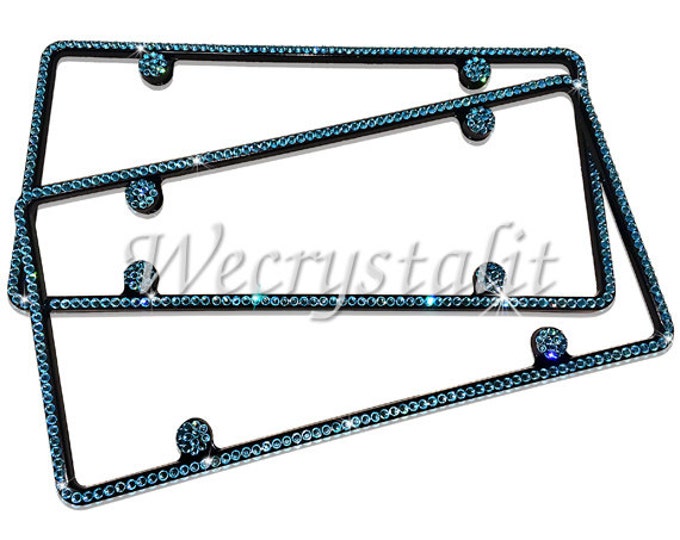 Set 2 Aquamarine Black Frame 1 Row Crystal Sparkle Auto Bling Rhinestone License Plate Frame with Swarovski Elements Made by WeCrystalIt