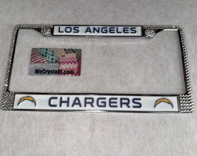 Los Angeles Chargers Football License Crystal Sport Silver Frame Sparkle Auto Bling Rhinestone Plate Frame with Swarovski Elements