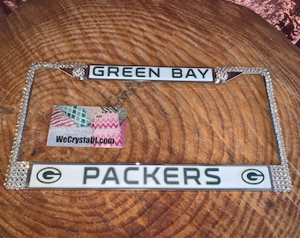 Green Bay PACKERS License Crystal Sport Silver Frame Sparkle Auto Bling Rhinestone Plate Frame with Swarovski Elements Made by WeCrystalIt