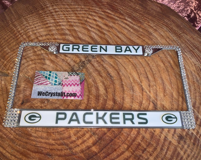 Green Bay PACKERS License Crystal Sport Silver Frame Sparkle Auto Bling Rhinestone Plate Frame with Swarovski Elements Made by WeCrystalIt