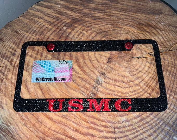 USMC Black and Red Crystal Sparkle Auto Bling Rhinestone  License Plate Frame with Swarovski Elements Made by WeCrystalIt