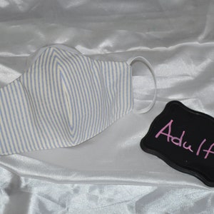 May include: White face mask with blue and white stripes. The mask has elastic ear loops. A black sign with the word "Adult" written in pink is in the image.