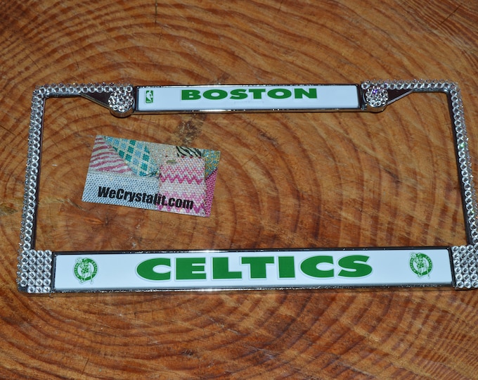 Boston Celtics Sport on Silver Frame Crystal Sparkle Auto Bling Rhinestone License Plate Frame with Swarovski Element made WeCrystalIt