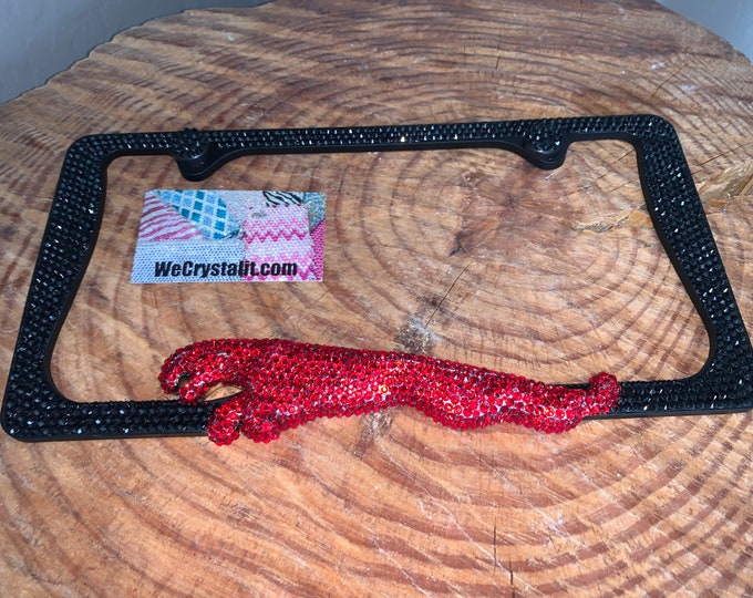 Jaguar Crystal Black Red Sparkle Auto Bling Rhinestone  License Plate Frame with Swarovski Elements Made by WeCrystalIt