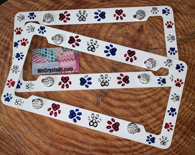 Dog Puppy Paws set 2 America Flag Crystal Sparkle Auto Bling Rhinestone License Plate Frame with Swarovski Elements Made by WeCrystalIt