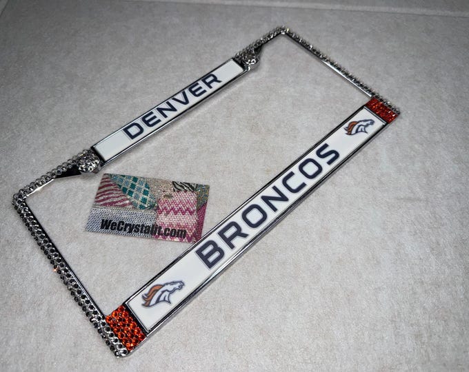 Denver Broncos Football License Crystal Sport Silver Frame Sparkle Auto Bling Rhinestone Plate Frame with Swarovski Elements Made by WeCryst