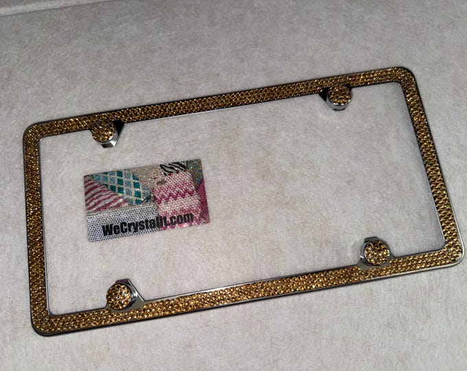 Gold on Silver Frame 3 Row Crystal Sparkle Auto Bling Rhinestone License Plate Frame with Swarovski Elements Made by WeCrystalIt