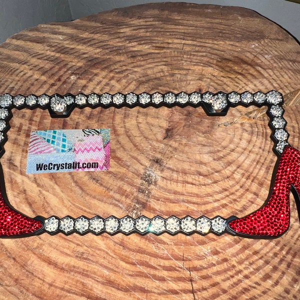 HIgh Heel Shoe Red Crystal Sparkle Auto Bling Rhinestone License Plate Frame with Swarovski Elements Made by WeCrystalIt