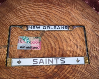 Saints License Gold and Black Crystal New Orleans Football  Frame Sparkle Auto Bling Rhinestone Plate Frame with Swarovski Elements Made by