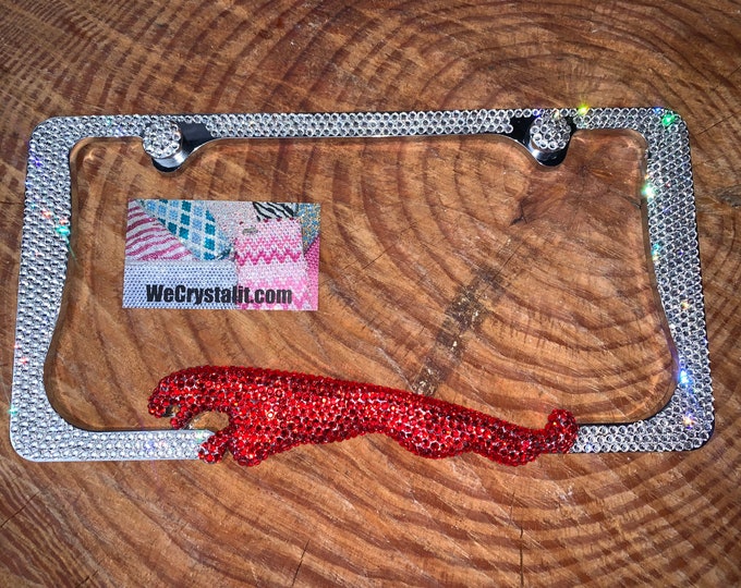 Jaguar Crystal Red Sparkle Auto Bling Rhinestone  License Plate Frame with Swarovski Elements Made by WeCrystalIt