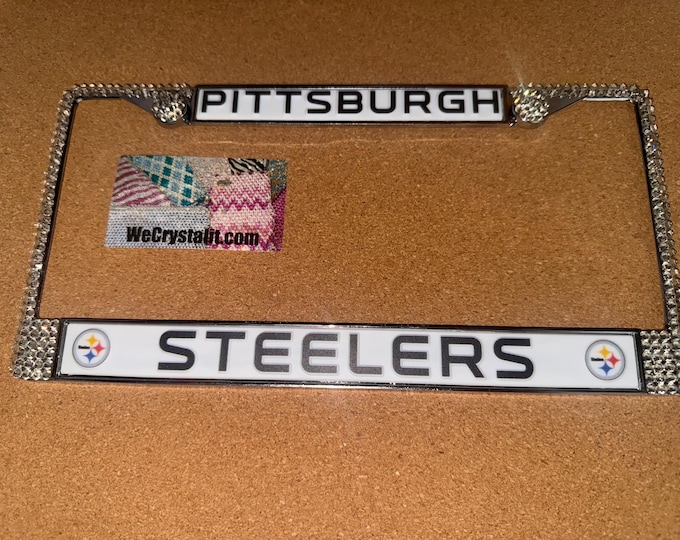 Pittsburgh Steelers Football License Crystal Sport on Silver Frame Sparkle Auto Bling Rhinestone Plate Frame with Swarovski Element
