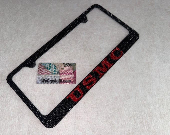 USMC Black and Red Crystal Sparkle Auto Bling Rhinestone  License Plate Frame with Swarovski Elements Made by WeCrystalIt