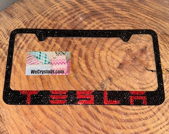 Tesla Black Red Crystal Sparkle Auto Bling Rhinestone  License Plate Frame made with Swarovski Elements Made by WeCrystalIt