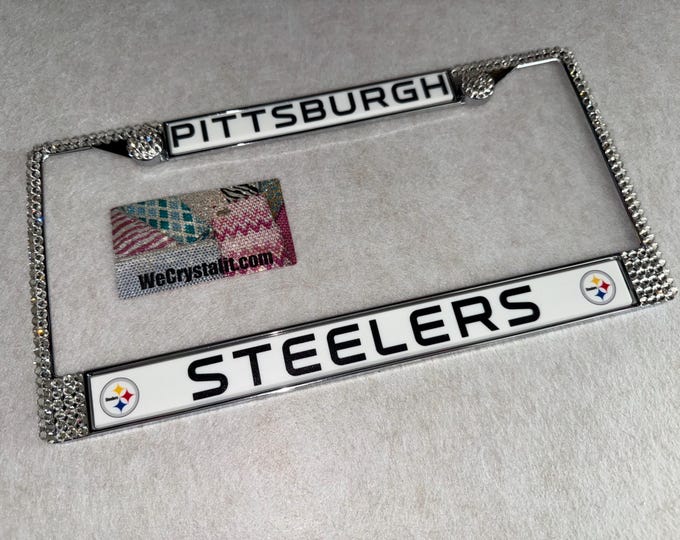 Pittsburgh Steelers Football License Crystal Sport on Silver Frame Sparkle Auto Bling Rhinestone Plate Frame with Swarovski Element