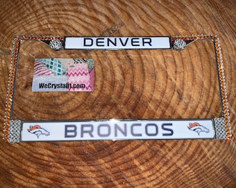 Denver Broncos Football License Crystal Sport Silver Frame Sparkle Auto Bling Rhinestone Plate Frame with Swarovski Elements Made by