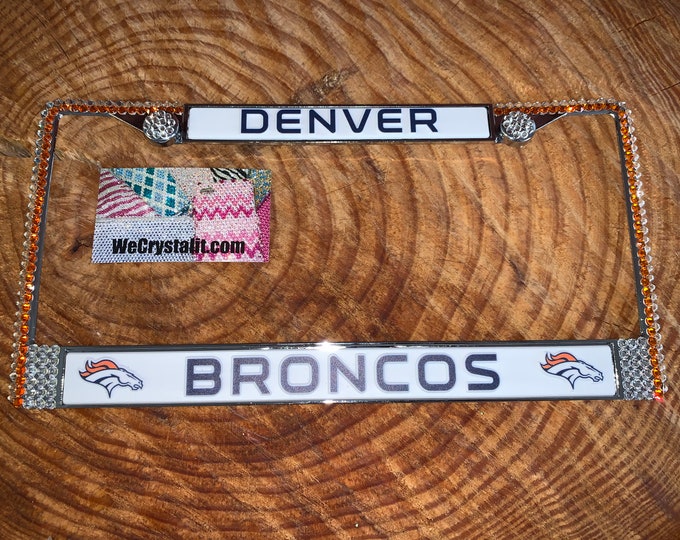 Denver Broncos orange Football License Crystal Sport Silver Frame Sparkle Auto Bling Rhinestone Plate Frame with Swarovski Elements Made by