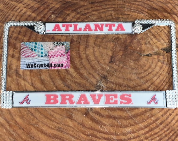 Atlanta Braves Baseball Sport on Silver Frame Crystal Sparkle Auto Bling Rhinestone License Plate Frame with Swarovski Element by WeCrystalI