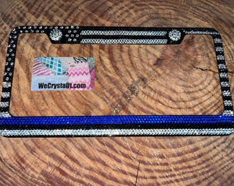 Thin blue line Flag Crystal Sparkle Auto Bling Rhinestone License Plate Frame with Swarovski Elements Made by WeCrystalIt