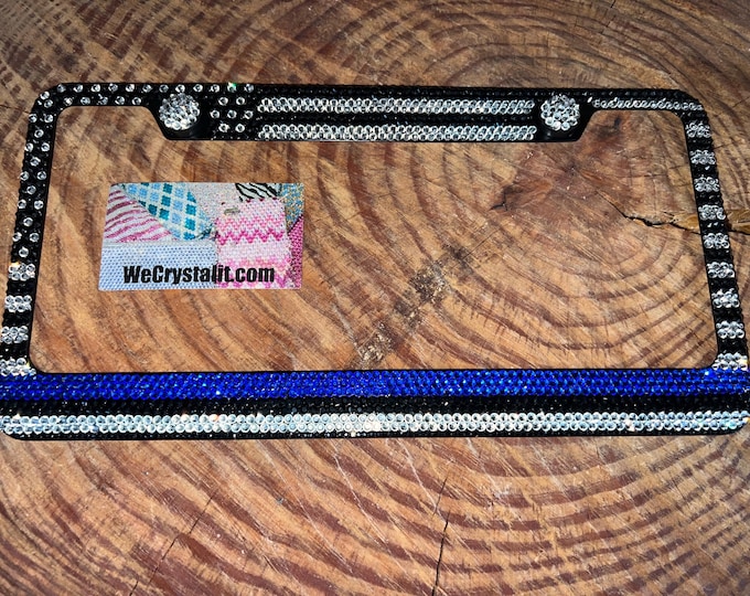 Thin blue line Flag Crystal Sparkle Auto Bling Rhinestone License Plate Frame with Swarovski Elements Made by WeCrystalIt