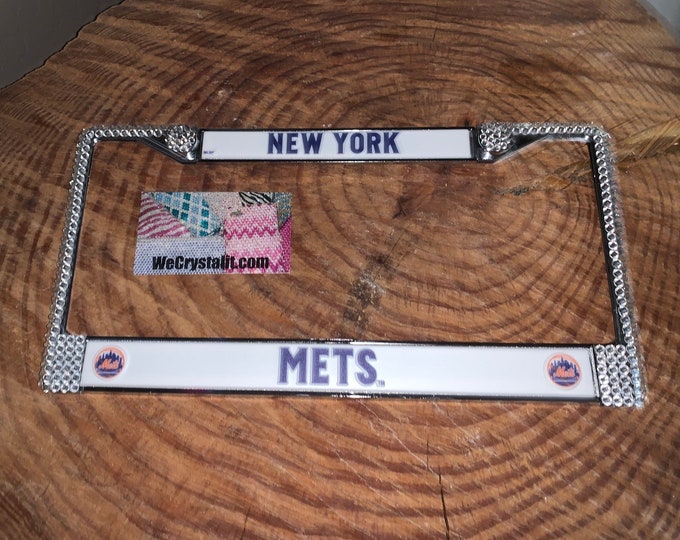 Mets License Crystal New York Sport on Silver Frame Sparkle Auto Bling Rhinestone Plate Frame with Swarovski Elements Made by WeCrystalIt