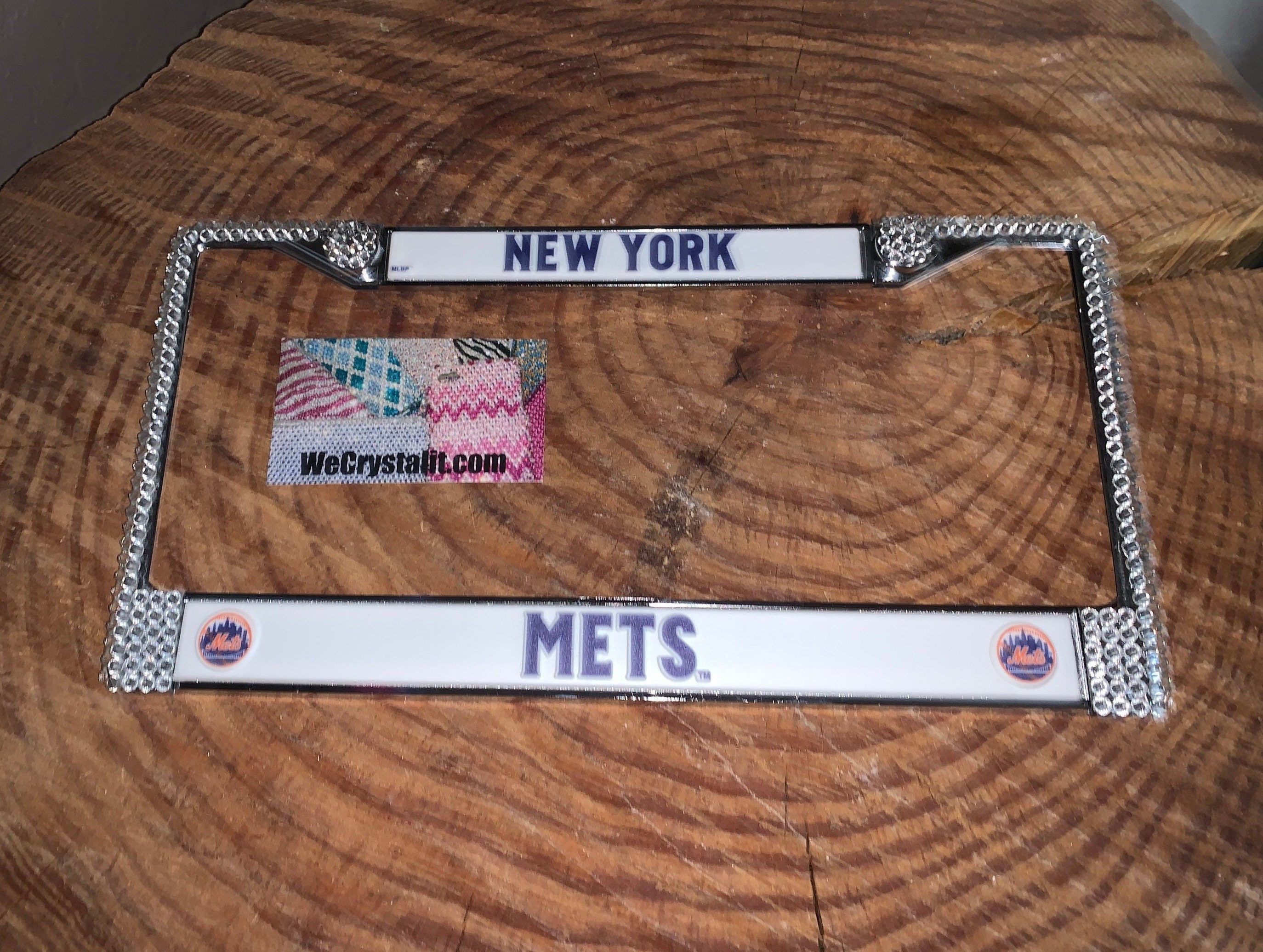 Mets License Crystal New York Sport On Silver Frame Sparkle Auto Bling