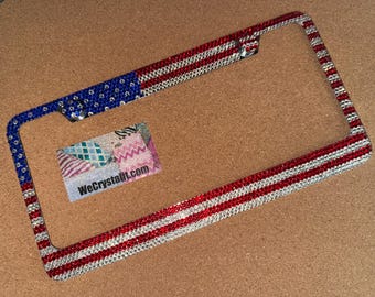 American Flag Crystal Sparkle Auto Bling Rhinestone License Plate Frame with Swarovski Elements Made by WeCrystalIt