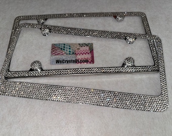 Set 2 Clear on Silver Frame 2 & 8 Row Crystal Sparkle Auto Bling Rhinestone License Plate Frame with Swarovski Elements Made by WeCrystalIt