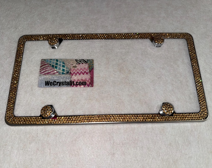 Gold on Silver Frame 3 Row Crystal Sparkle Auto Bling Rhinestone License Plate Frame with Swarovski Elements Made by WeCrystalIt