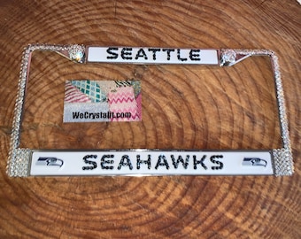 full Seattle Seahawks Football License Crystal Sport Silver Frame Sparkle Auto Bling Rhinestone Plate Frame with Swarovski Elements WeCrysta