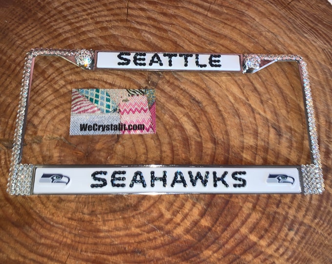 full Seattle Seahawks Football License Crystal Sport Silver Frame Sparkle Auto Bling Rhinestone Plate Frame with Swarovski Elements WeCrysta