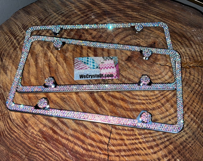 Set 2 AB Effect on Silver Frame 3 Row Crystal Sparkle Auto Bling Rhinestone License Plate Frame with Swarovski Elements Made by WeCrystalIt