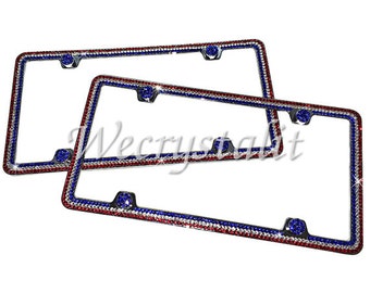 Set of 2 American Flag Frame 3 Row Crystal Sparkle Auto Bling Rhinestone  License Plate Frame with Swarovski Elements Made by WeCrystalIt