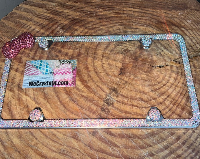 Bow with 3 Row AB color effect Crystal Sparkle Auto Bling Rhinestone  License Plate Frame with Swarovski Elements Made by WeCrystalIt