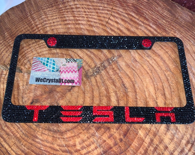 Tesla Black Red Crystal Sparkle Auto Bling Rhinestone  License Plate Frame made with Swarovski Elements Made by WeCrystalIt