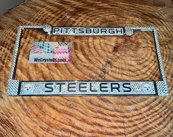 Pittsburgh Steelers Football License Crystal Sport on Silver Frame Sparkle Auto Bling Rhinestone Plate Frame with Swarovski Element