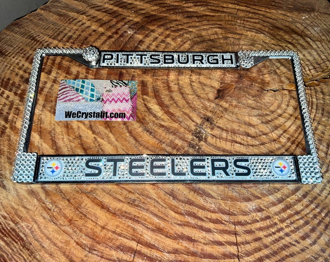 Pittsburgh Steelers Football License Crystal Sport on Silver Frame Sparkle Auto Bling Rhinestone Plate Frame with Swarovski Element