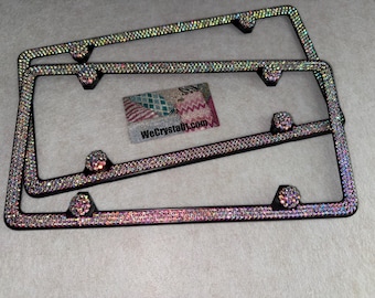 Set 2 AB Effect on Black Frame 3 Row Crystal Sparkle Auto Bling Rhinestone License Plate Frame with Swarovski Elements Made by WeCrystalIt